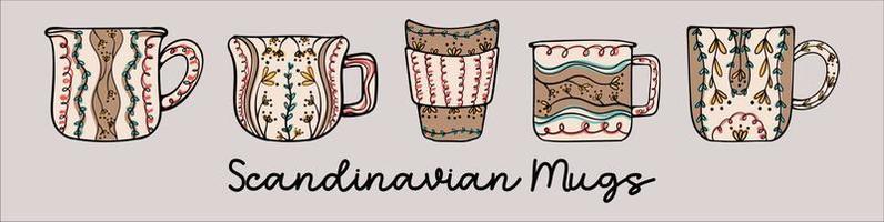 Scandinavian Mugs Retro Style Porcelain Coffee and Tea Cups Vector Illustration 02