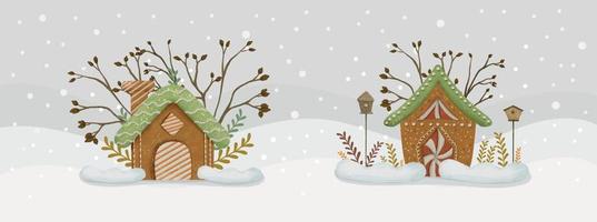 composición de casas de pan de jengibre de acuarela con vista a la montaña mientras nieva plantilla de banner de navidad 02 vector