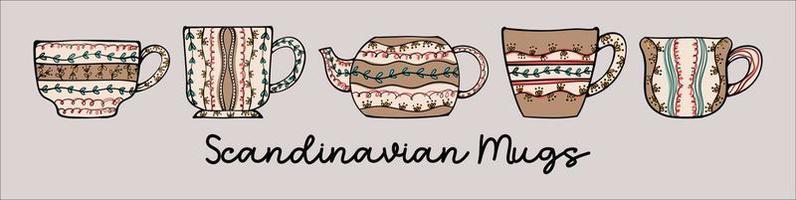 Scandinavian Mugs Retro Style Porcelain Coffee and Tea Cups Vector Illustration