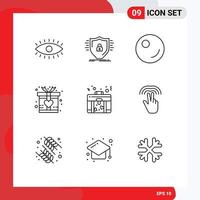 Group of 9 Outlines Signs and Symbols for double briefcase shield bag love Editable Vector Design Elements