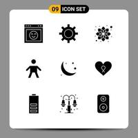 Modern Set of 9 Solid Glyphs and symbols such as moon crescent beauty people child Editable Vector Design Elements