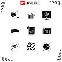 Pack of 9 Modern Solid Glyphs Signs and Symbols for Web Print Media such as infrastructure structure media vehicles plane Editable Vector Design Elements