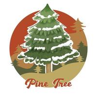 Watercolor Pine Tree Realistic Illustration with Retro Background of Mountains Vector 01