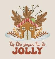 Christmas Card Greeting Quotes with Gingerbread House and Dried Leaves Snow Composition Banner vector