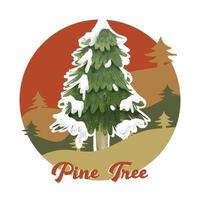 Watercolor Pine Tree Realistic Illustration with Retro Background of Mountains Vector 04