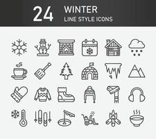 Winter outline icon collection, contains such icons as winter activity, snowflake, weather and winter clothing. Winter silhouette icons collection, Simple web icons set. Editable stroke Icons. vector