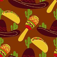 Seamless pattern with traditional Mexican symbol Sombrero hat , Tacos, Cactus, Maracas illustration on brown background vector