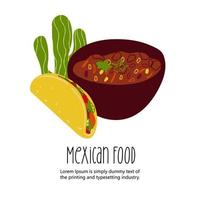 Ilustración de comida mexicana tacos y chili con carne aislado sobre fondo blanco. vector