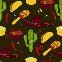 patrón sin costuras con ilustración de símbolos tradicionales mexicanos chili con carne, tacos, cactus, sombrero sombrero pimienta vector