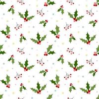 Cute seamless winter pattern with holly berries and leaves on white background. Simple cartoon print for textile design, wrapping paper vector