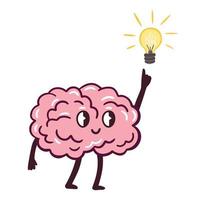 Vector funny cartoon character of brain and idea. Character of brain develops an idea