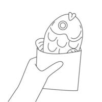 Human hands holding Taiyaki fish Japanese street food dessert in a paper bag. Vector stock illustration isolated on white background in outline style