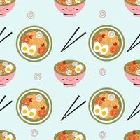 Seamless pattern with japanese food ramen soup chopstick. Vector stock illustration on blue background in flat style