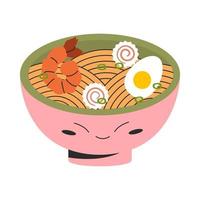 Cute bowl with face with traditional japanese food ramen with egg shrimp narutomaki. Vector stock illustration isolated on white background. Flat style