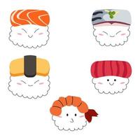 Set of cute kawaii nigiri with seafood. Vector stock illustration isolated on white background in flat style