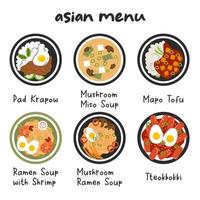 Asian menu illustration with the names of the dishes Pad Krapow Miso Mapu Tofu Ramen Tteokbokki. Menu design. Vector stock illustration isolated on white background. Flat style