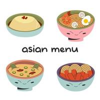 Asian menu Set of different traditional dishes Cold rice cake Ramen Miso soup Tteokbokki. Vector stock illustration isolated on white background. Flat style