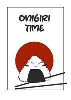 Onigiri time Flyer design with japanese onigiri food with face red moon and chopsticks. Vector stock illustration. Flat style