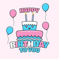 diseño de vector de feliz cumpleaños con lindo personaje de pastel de cumpleaños y globos en color azul, blanco y rosa. apto para niños