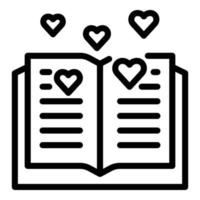 icono de libro abierto y corazones, estilo de esquema vector