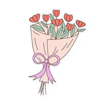 Bouquet of flowers in a festive package. Gift for event. Hand drawn doodle illustration. vector