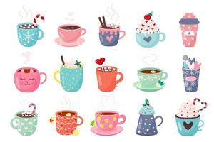 Big set of winter mugs, cups with saucers, coffee drinks, tea drinks, plastic coffee cups. vector