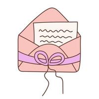 Envelope with letter invitation in doodle style. Simple craft paper envelope with bow. vector