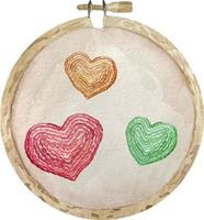 Watercolor set of three embroidered red, yellow and green hearts on the wooden embroidery frame vector