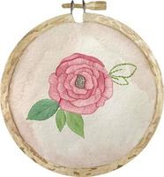 Watercolor embroidered pink flower with green leaves on the wooden embroidery frame canvas vector