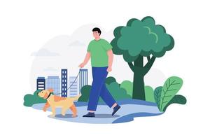 hombre dando un paseo matutino con su perro vector