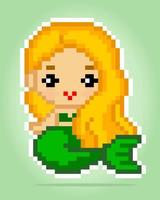 8 bit pixel a mermaid for game assets and cross stitch patterns in vector illustrations.