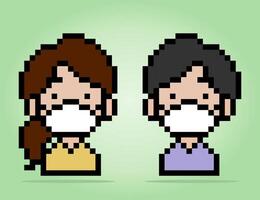 8 bit pixel girl and men wear medical masks. People pair in vector illustrations.