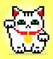 8 bit pixel a white cat. The Lucky cat, Maneki Neko in vector illustration.