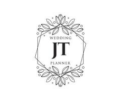 JT Initials letter Wedding monogram logos collection, hand drawn modern minimalistic and floral templates for Invitation cards, Save the Date, elegant identity for restaurant, boutique, cafe in vector