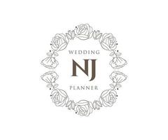 NJ Initials letter Wedding monogram logos collection, hand drawn modern minimalistic and floral templates for Invitation cards, Save the Date, elegant identity for restaurant, boutique, cafe in vector
