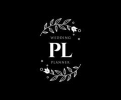 Colección de logotipos de monograma de boda con letras iniciales pl, plantillas florales y minimalistas modernas dibujadas a mano para tarjetas de invitación, guardar la fecha, identidad elegante para restaurante, boutique, café en vector