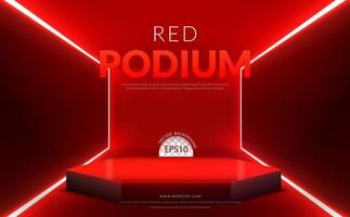 Red background concept, red polygon Podium with neon light on red room, Vector illustration