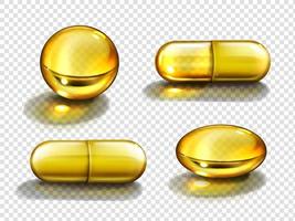 Gold oil capsules, vitamine round and oval pills vector