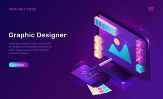 Graphic designer isometric landing page, banner vector