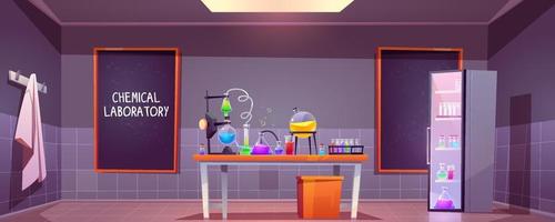 Chemical laboratory interior with glass flasks vector