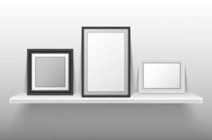 Empty photo frames standing on white shelf vector