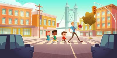 Kids crossing city crossroad with traffic lights vector