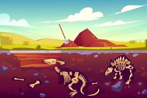 Fossil dinosaurs excavation, paleontology works vector