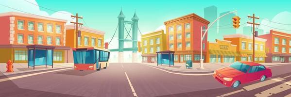 City crossroad with bus and car on intersection vector