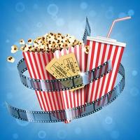 Cinema popcorn, soda drink, tickets and film strip