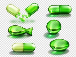 cápsula verde con vitamina, colágeno o medicina vector