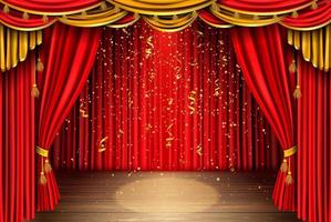 Empty stage with red curtain and falling confetti vector