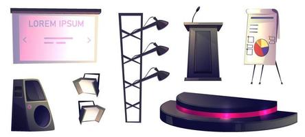 objetos para conferencias, tribunas, escenarios y luces vector