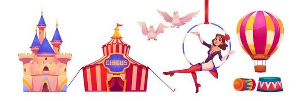 Circus stuff and artist big top tent, air gymnast vector