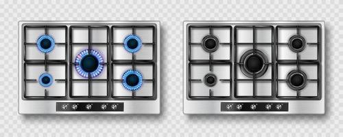 Gas stove with blue flame and black steel grate vector